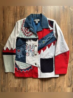 Vintage 90s Indigo Moon Southwestern Patchwork Jacket XS Art To Wear Embroidered